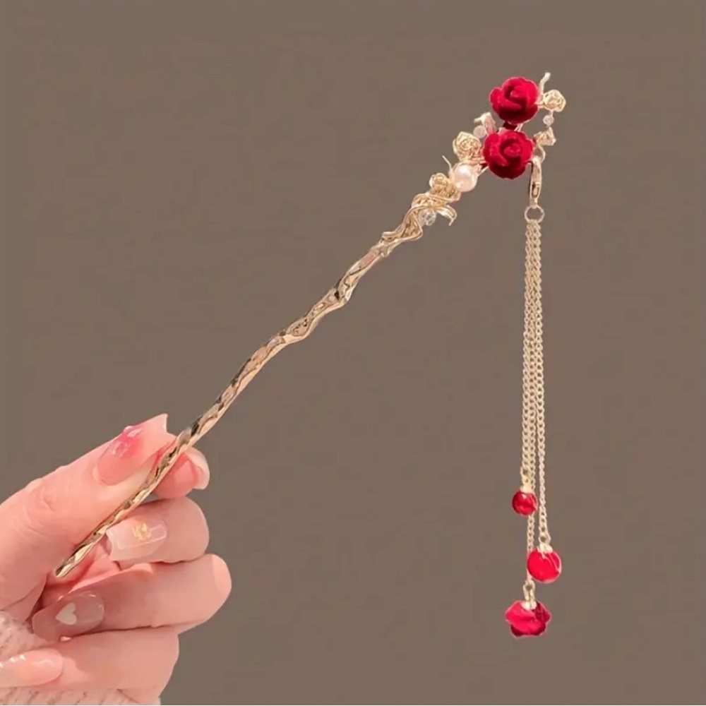 Gold & Red Rose Flower Faux Pearl Rhinestone Dangle Tassle Asian Hair Pin Stick